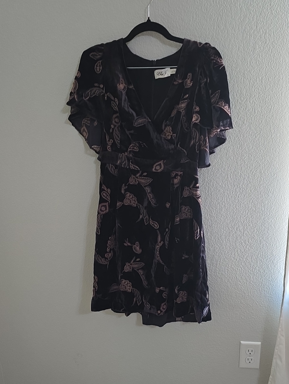 Eliza J Black Velvet Floral Wrap Mini Dress with Pink Detail